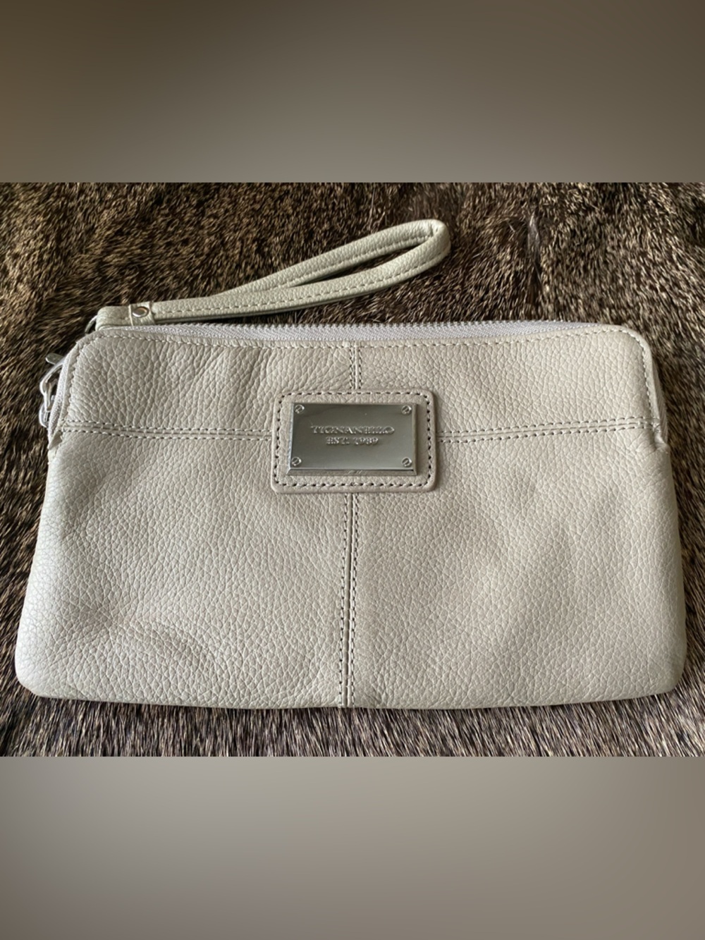 Tignanello Light Gray/Taupe Pebbled Leather Wristlet Clutch